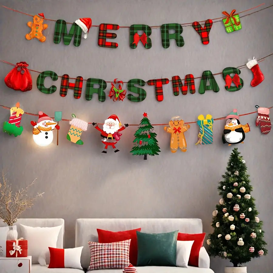 Merry Christmas plaid banner party decoration set featuring a green and red plaid design with festive characters including Santa, snowman, gingerbread man, penguin, and tree.