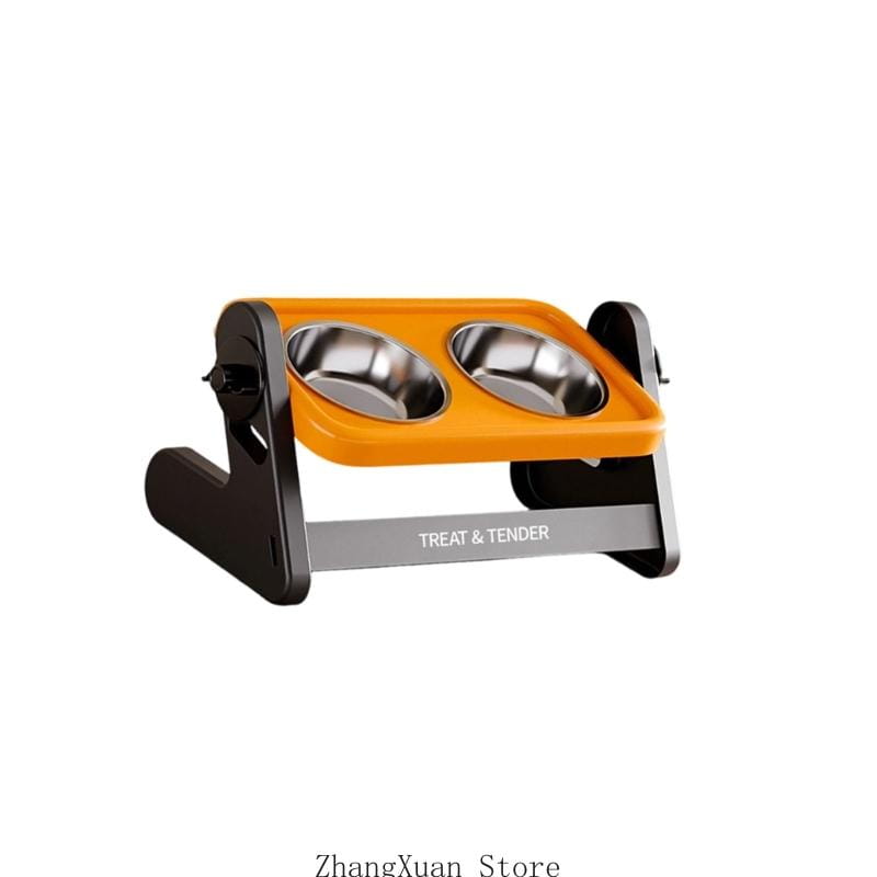 Orange and black height adjustable pet feeding station with two stainless steel bowls for elevated feeding.