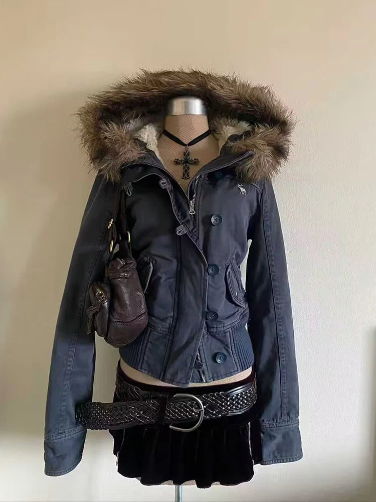 Dark blue denim y2k fur collar padded parka featuring a fluffy brown fur-lined hood and front button closure.