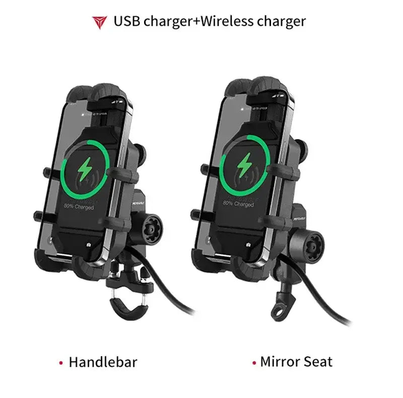 black motorcycle wireless charging phone mount with usb and wireless charging capabilities featuring a sturdy clamp design for secure attachment to handlebars or mirror seats
