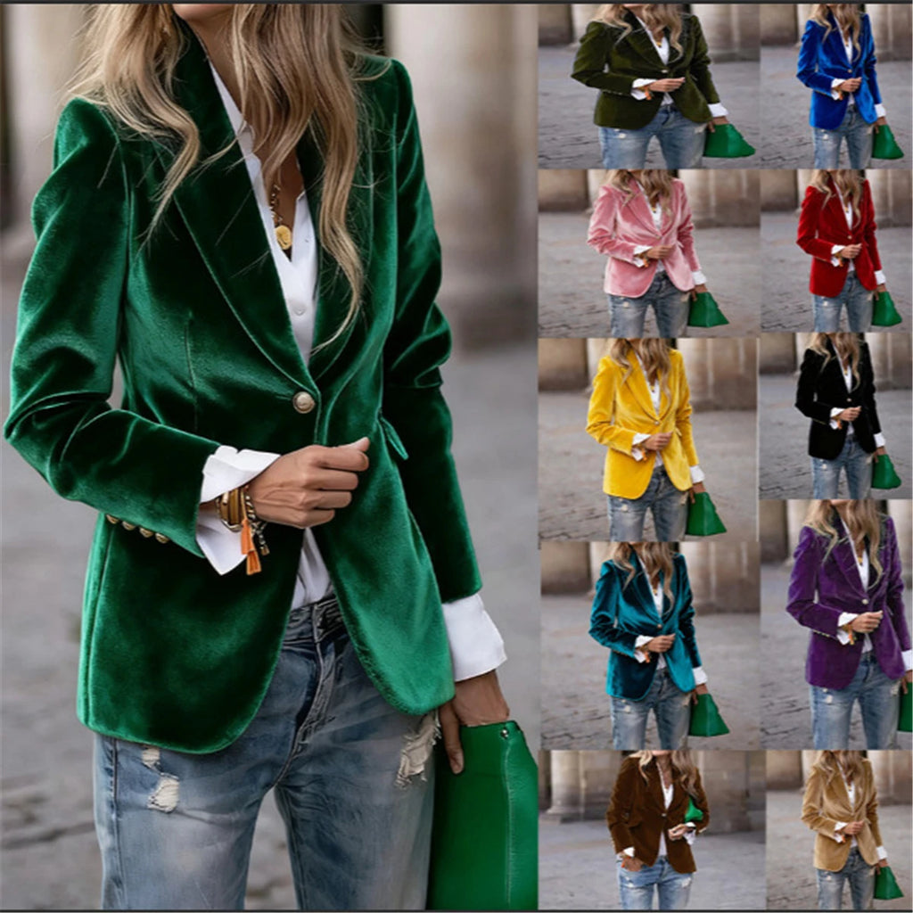 2025 Women Velvet Blazer Suit Single Button Lapel Female Elegant Blazers Jacket Overcoat Outwears Slim Fit Office Lady Outerwear