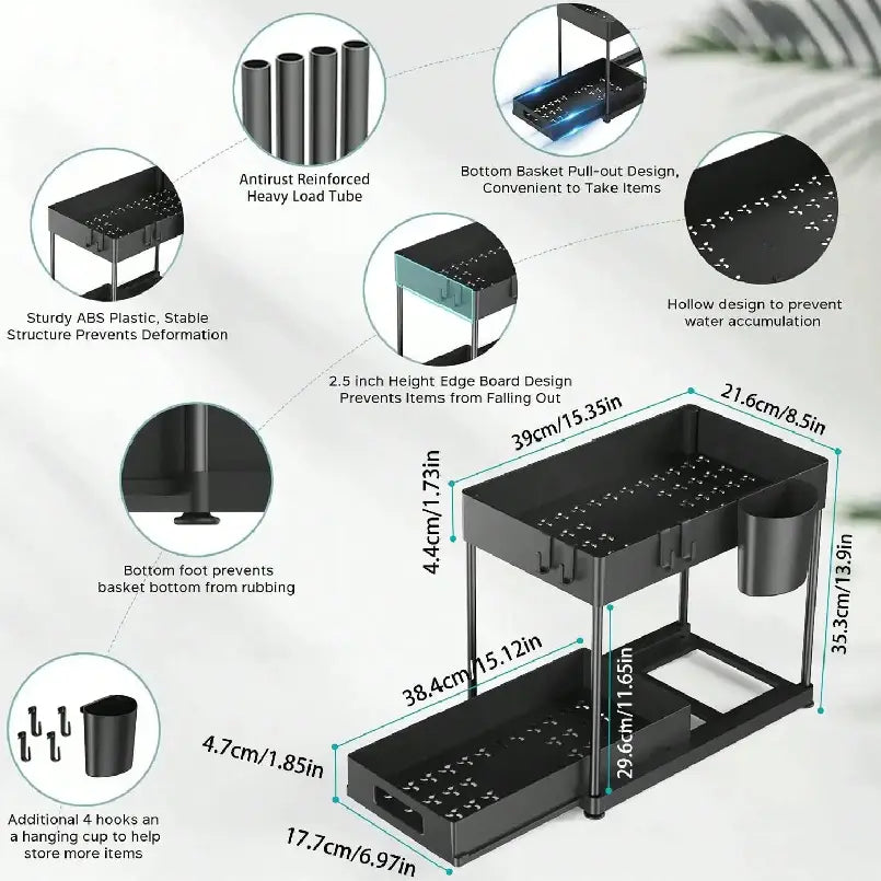 black two-tiered bpa-free plastic under sink organizer made of sturdy abs plastic with a bottom basket pull-out design
