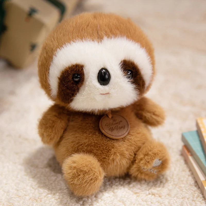 a sitting animals red panda fox sloth plush toy featuring soft brown and white fur with black button eyes and a wooden tag around its neck