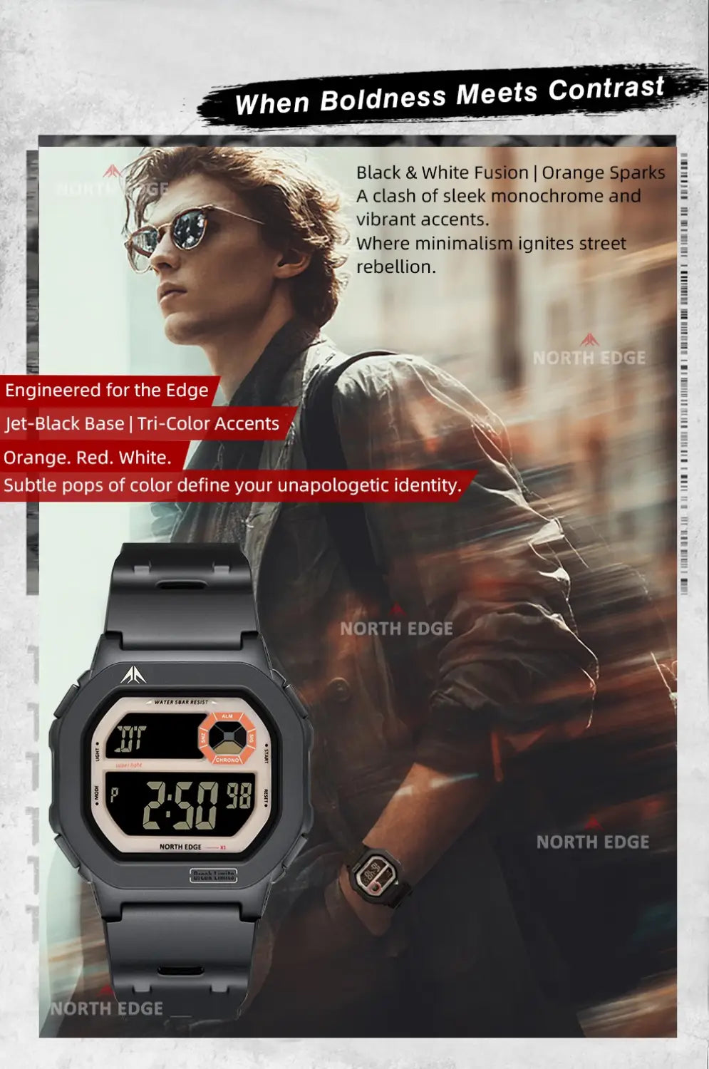 Black north edge digital watch with orange and white accents on its square abs plastic face featuring a jet-black base design and battery included.