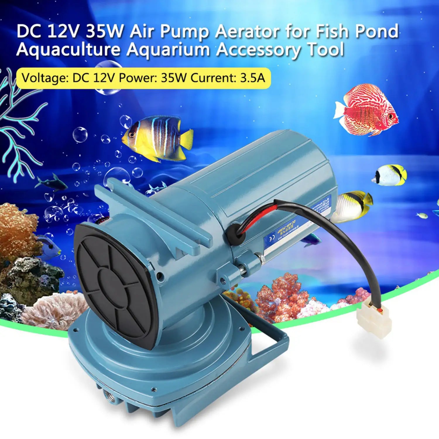 Blue dc 12v 35w air pump for fish pond and aquarium with black fan cover and red and black power cord for aeration purposes.