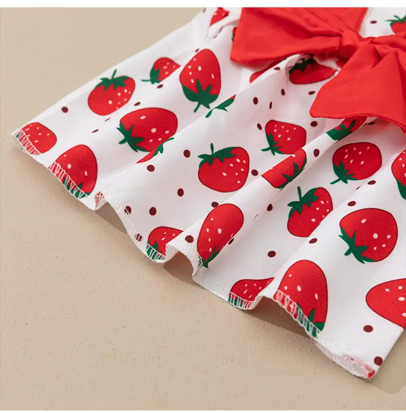 floral dog princess dress with bow featuring a white fabric decorated with red strawberries and green stems, accented by a large red bow.