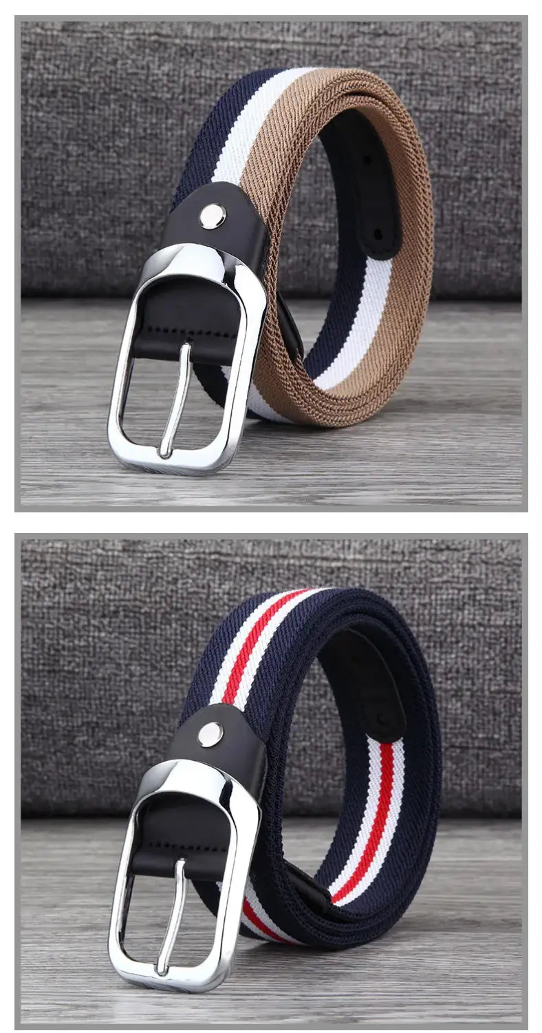 Two elastic canvas web stripe belts for men casual waistband in navy blue and white stripes on tan base and navy blue with red and white stripes, both with silver-toned buckles.
