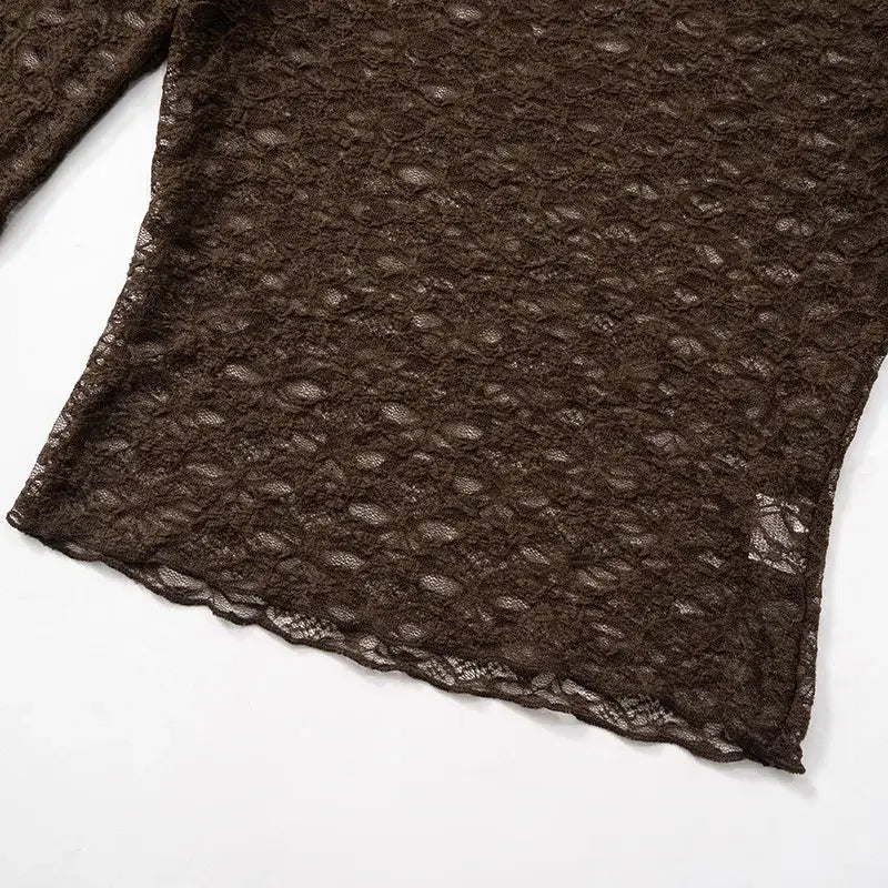 A delicate brown lace long sleeve crop top with a floral pattern and scalloped hem designed for women aesthetic clothes.