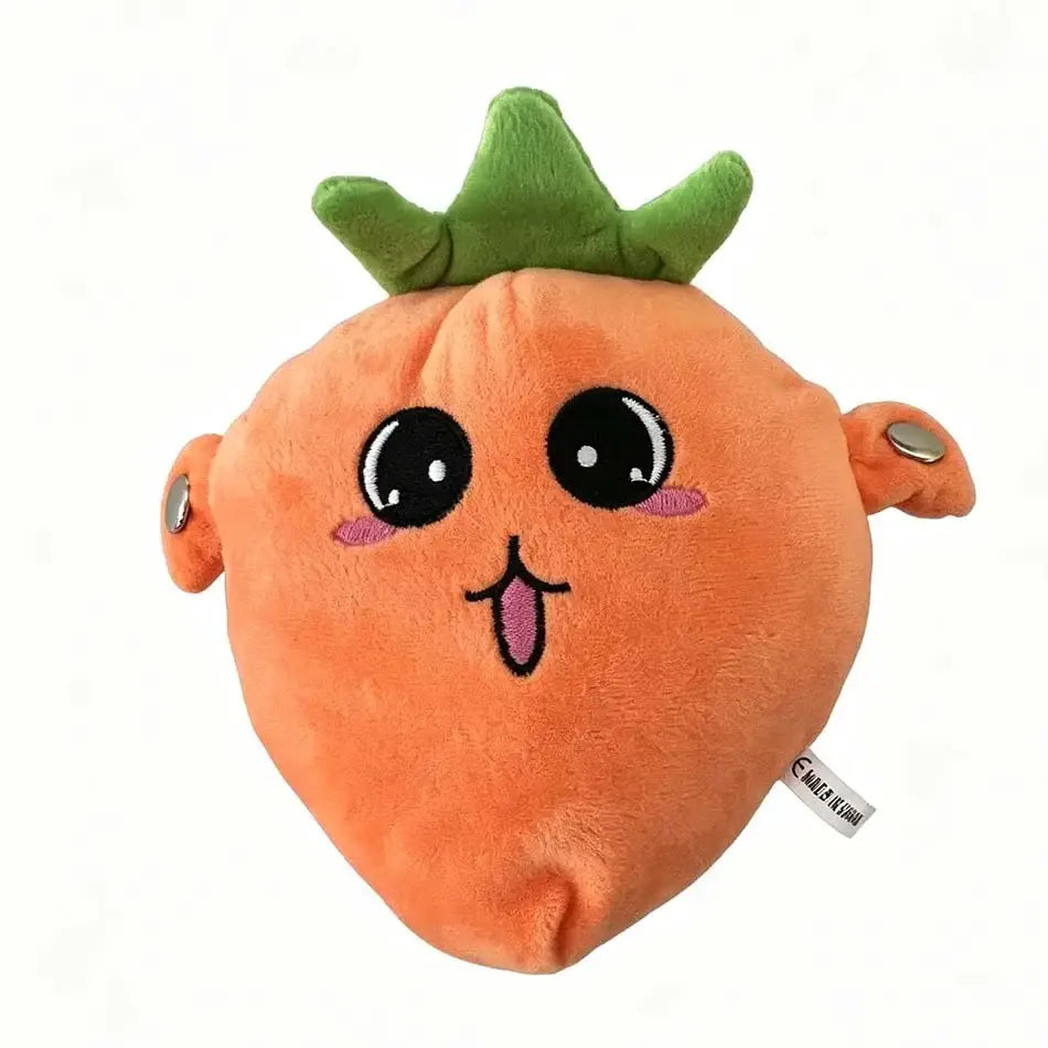 plush fruit coin purse stuffed animal toy shaped like an orange plush carrot with green leafy top and embroidered facial features.