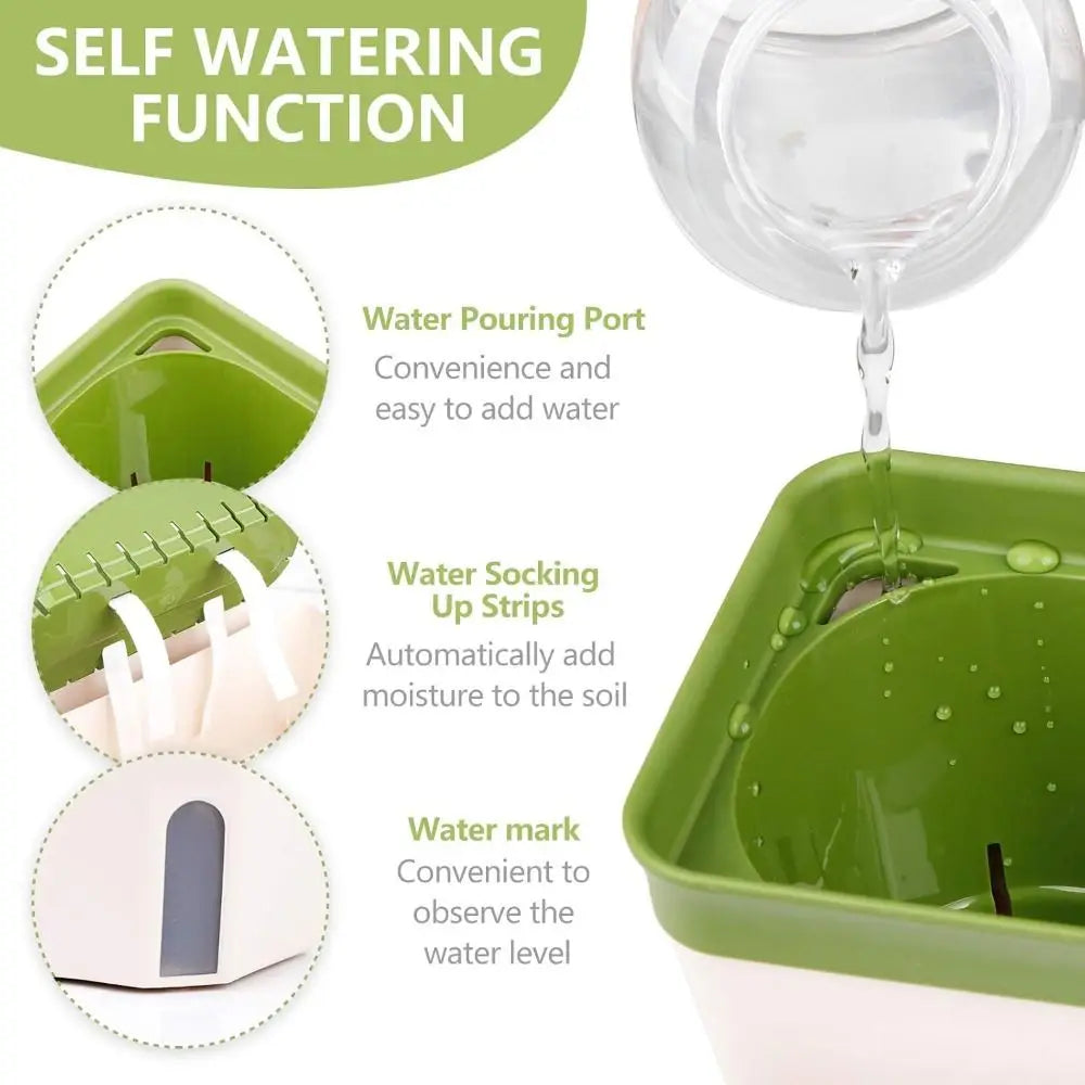 Grüner selbstbewässernder Pflanzkübel mit weißer Basis und transparentem Wasserreservoir mit Wasserstandsanzeige für Zimmerpflanzen.