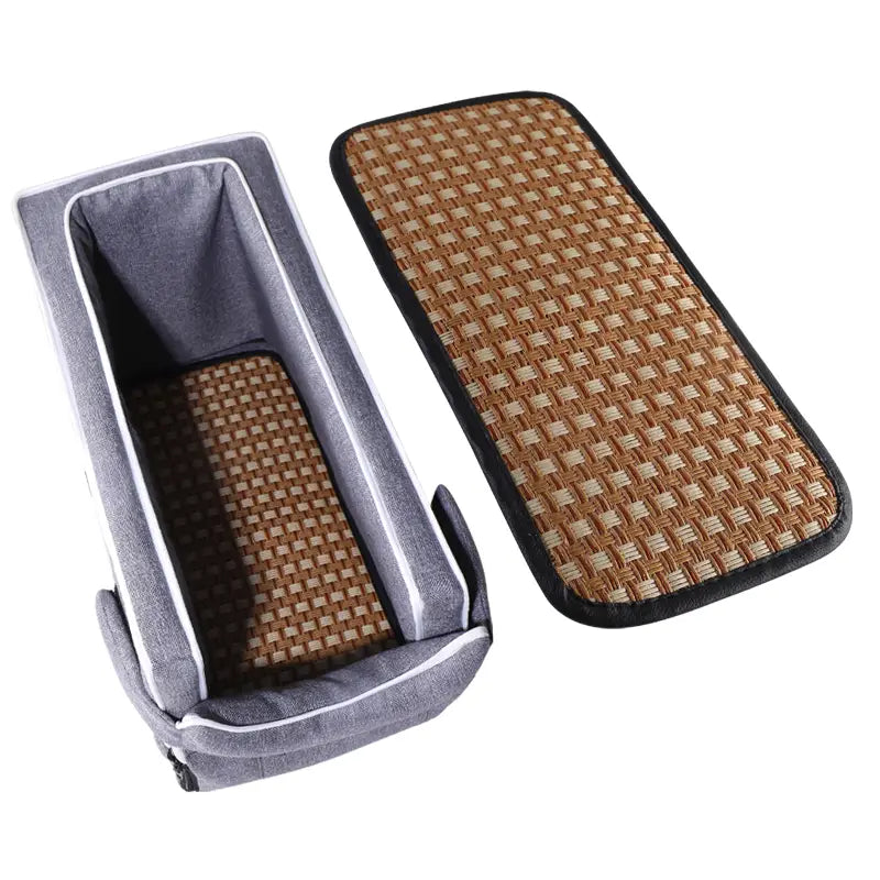 gray fabric pet car console seat cushion with woven brown bamboo insert and black trim designed for small pets up to 5kg weight limit