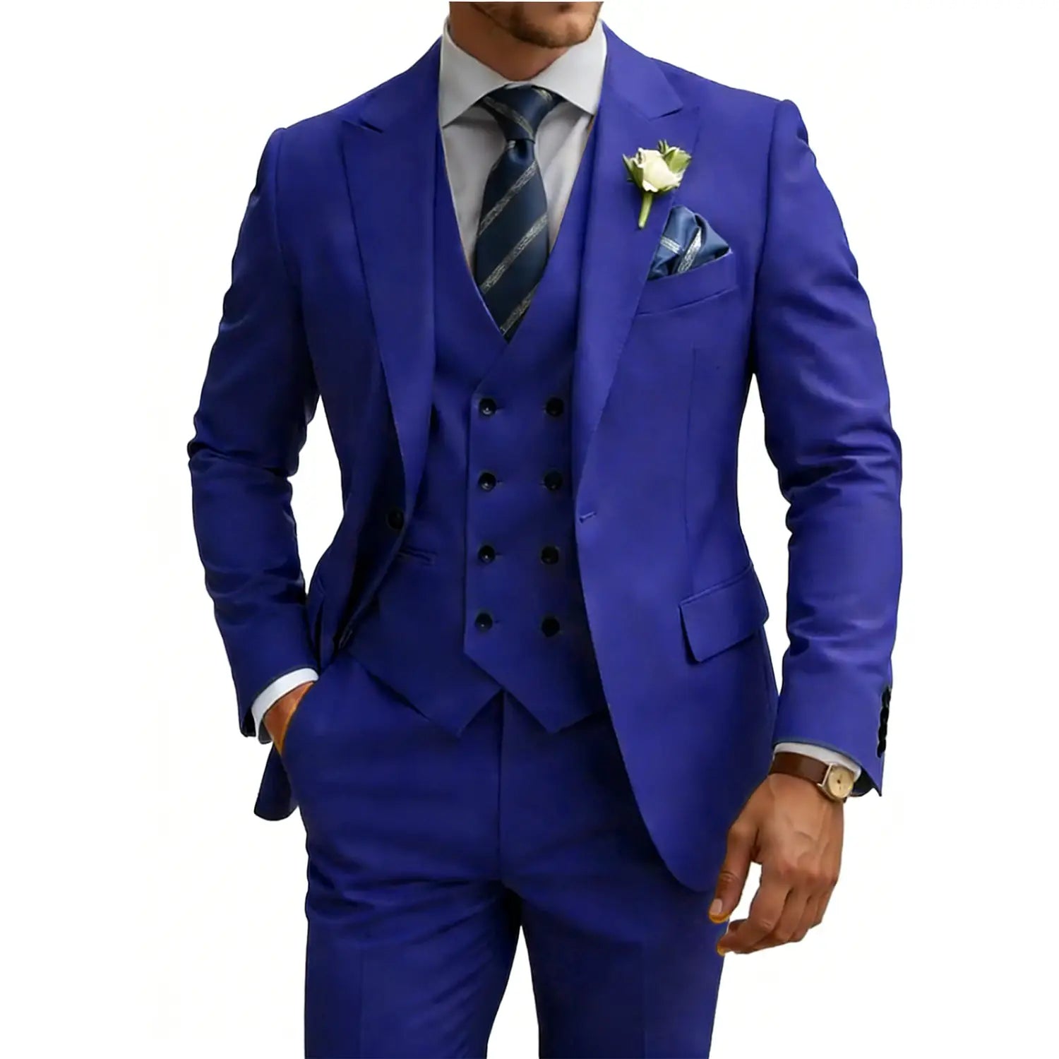Costume trois pièces royal bleu vif pour hommes, taillé, comprenant une veste en double boutonnage et un gilet assorti, présenté dans le cadre de la collection de costumes trois pièces beige pour hommes en coupe croisée double boutonnage.