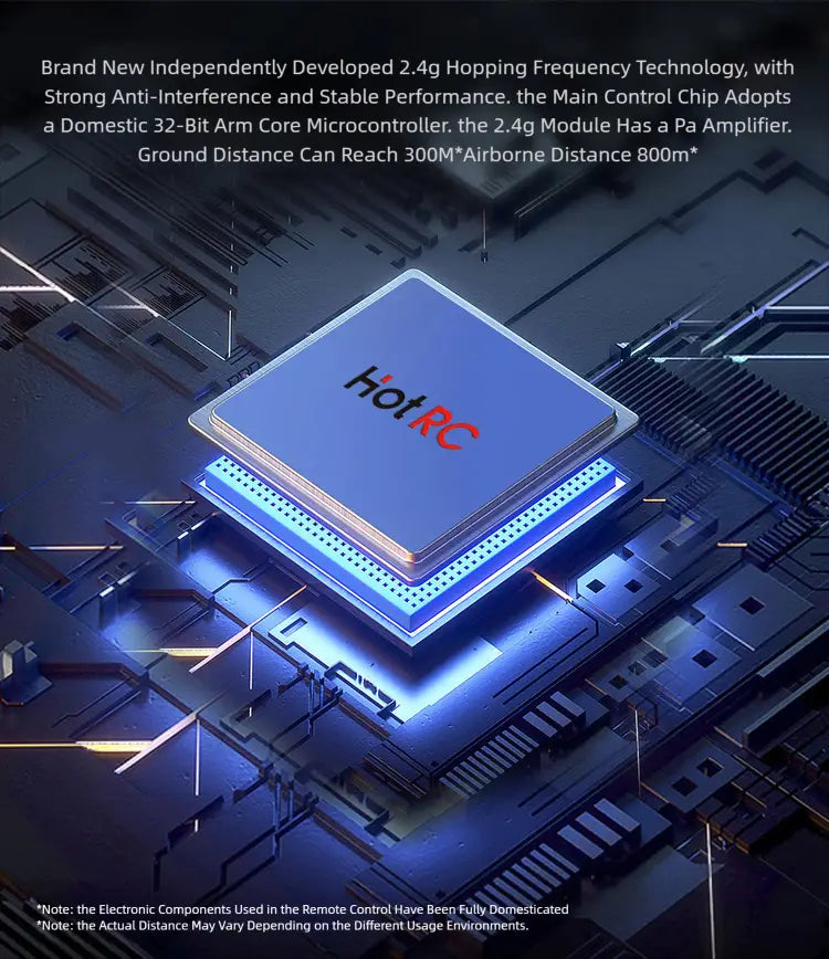 blue rectangular hot rc 2.4g control chip with metallic edges and glowing blue circuitry beneath it for ht-8a 8 channel remote control transmitter kit