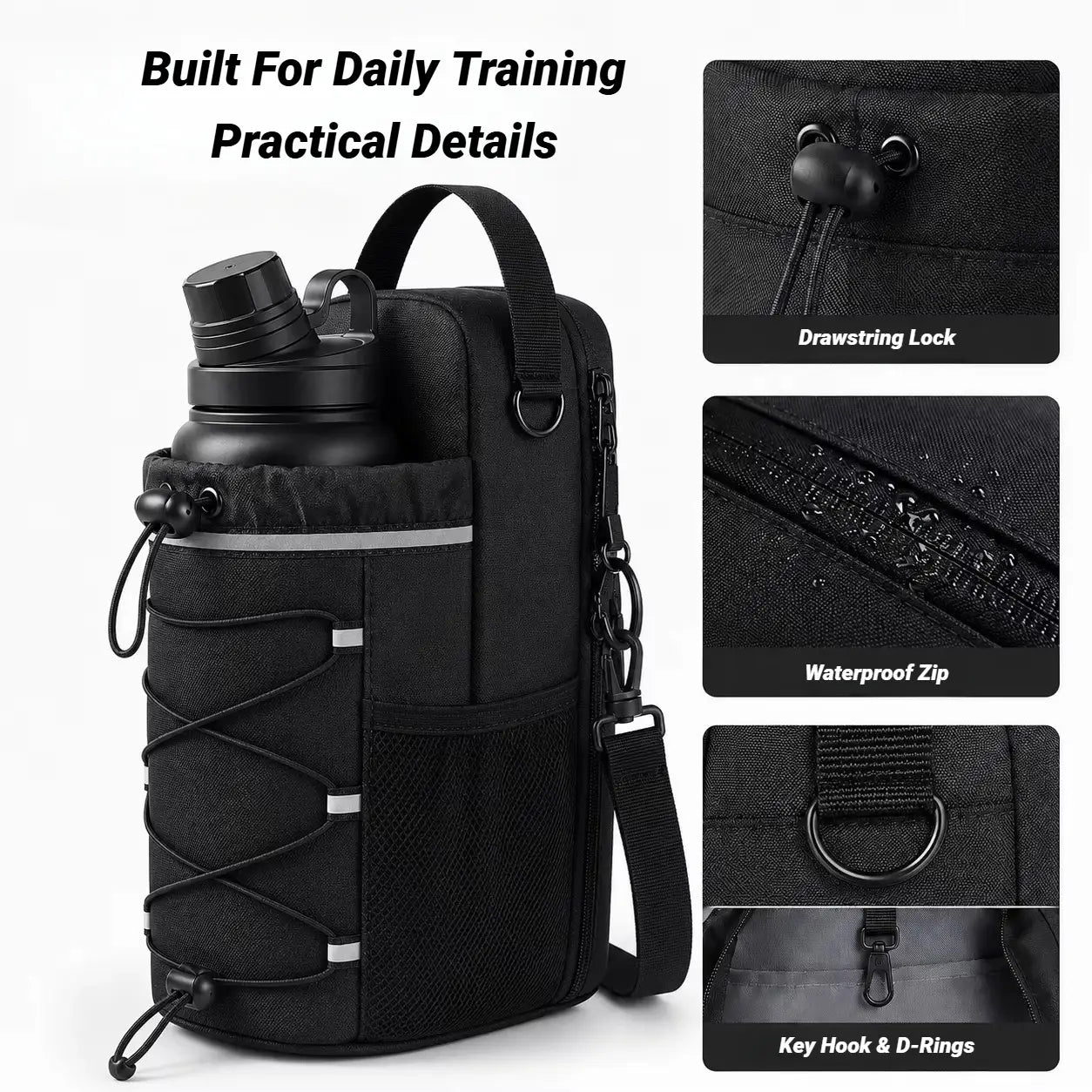Black magnetic gym bottle bag with adjustable straps and reflective accents for easy carrying and visibility.