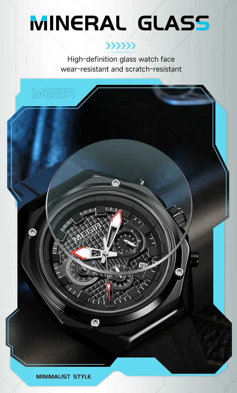 Black Megir men’s sport chronograph watch with silicone strap mineral glass face and red accented hands.