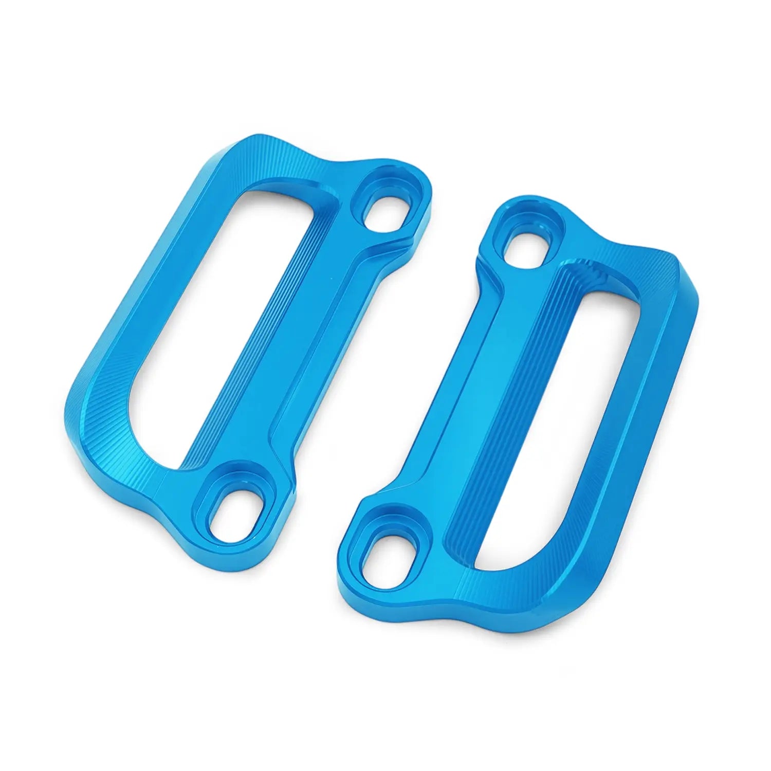 Leuchtend blaue Aluminium-Gepäckträgergriffe für Cfmoto 675srr CNC für den Soziusbetrieb mit strukturierter, gerippter Oberfläche und präzisen Aussparungen für ergonomische Griffe am Motorradlenker.