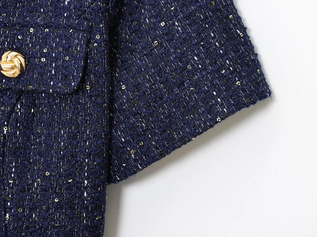 Women 2025 Fashion Blue Tweed Blazer Coat With Belt Female Short Sleeve Outerwear