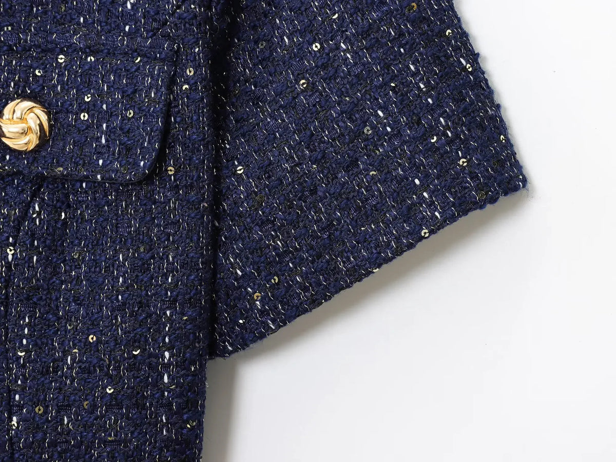 Women 2025 Fashion Blue Tweed Blazer Coat With Belt Female Short Sleeve Outerwear