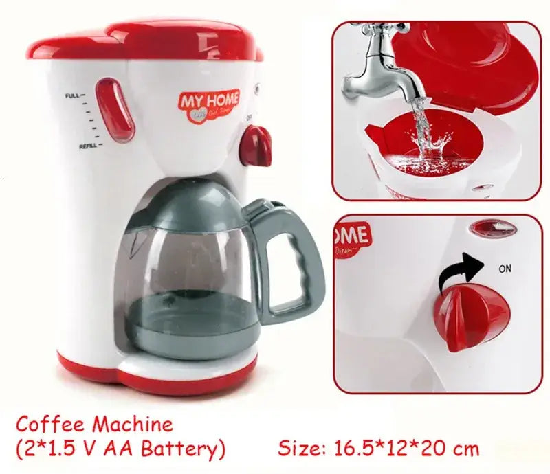 Rote und weiße Kunststoff-Spiel-Kaffeemaschine mit klarem Glas-Krug aus einem Kinder-Spielküchen-Kleingeräte-Set für Rollenspiel-Lebensmittel.