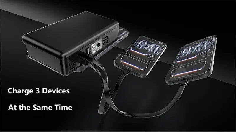 Batterie externe magnétique sans fil rectangulaire noire de 20000 mAh, avec trois pads de charge et des ports USB pour charger plusieurs appareils simultanément en charge rapide.