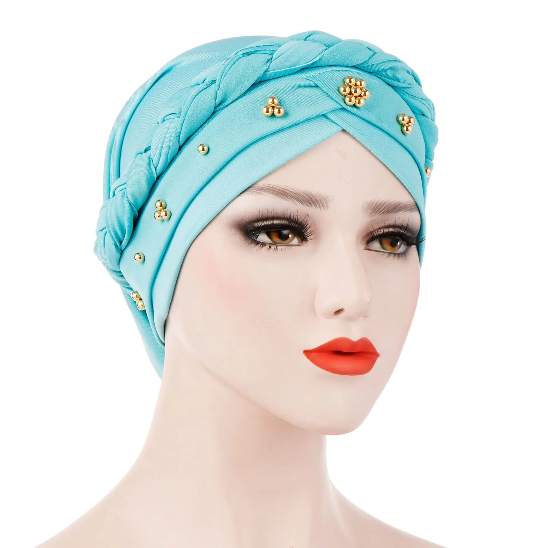 pañoleta para la cabeza tipo turbante de hijab modal color azul claro, con diseño trenzado y tachuelas decorativas de color dorado