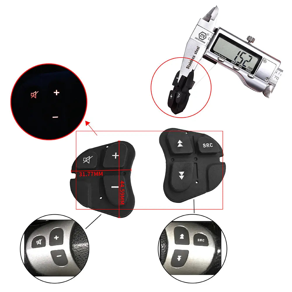 Panneau de boutons de commande audio du volant Alfa 147 en plastique noir avec boutons et symboles de couleur argent.