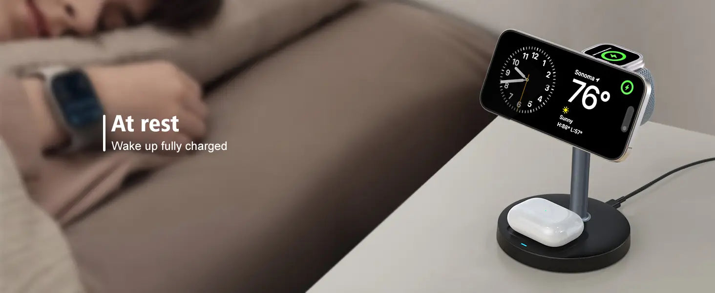 black magnetic wireless charger stand 3-in-1 with sleek minimalist design holding an iphone and apple watch for convenient wireless charging.