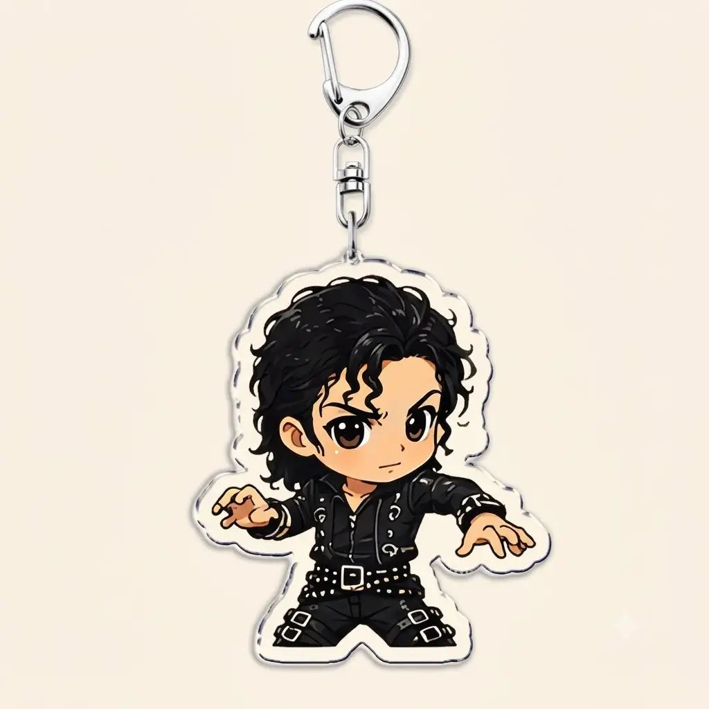 michael jackson chibi acrylic keychain featuring a cartoon depiction of michael jackson in his iconic black leather outfit with silver studs and belt buckles.