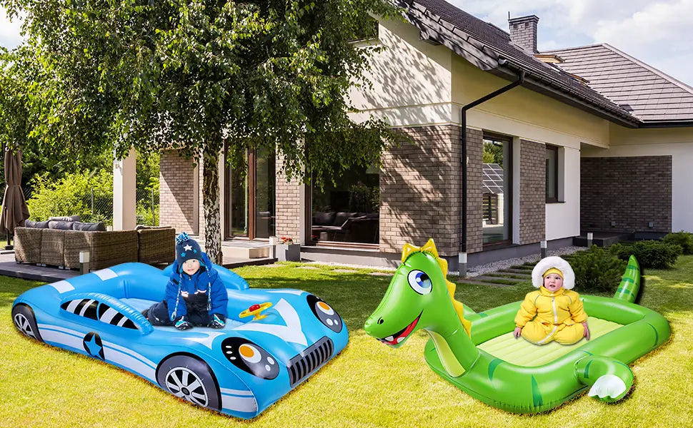白いレーシングストライプと黒いホイールを備えた青色のインフレータブル・カー・プールフロートであり、子ども用の旅行用エアマットレスの自動インフレータブル・カーベッドとして設計されています。