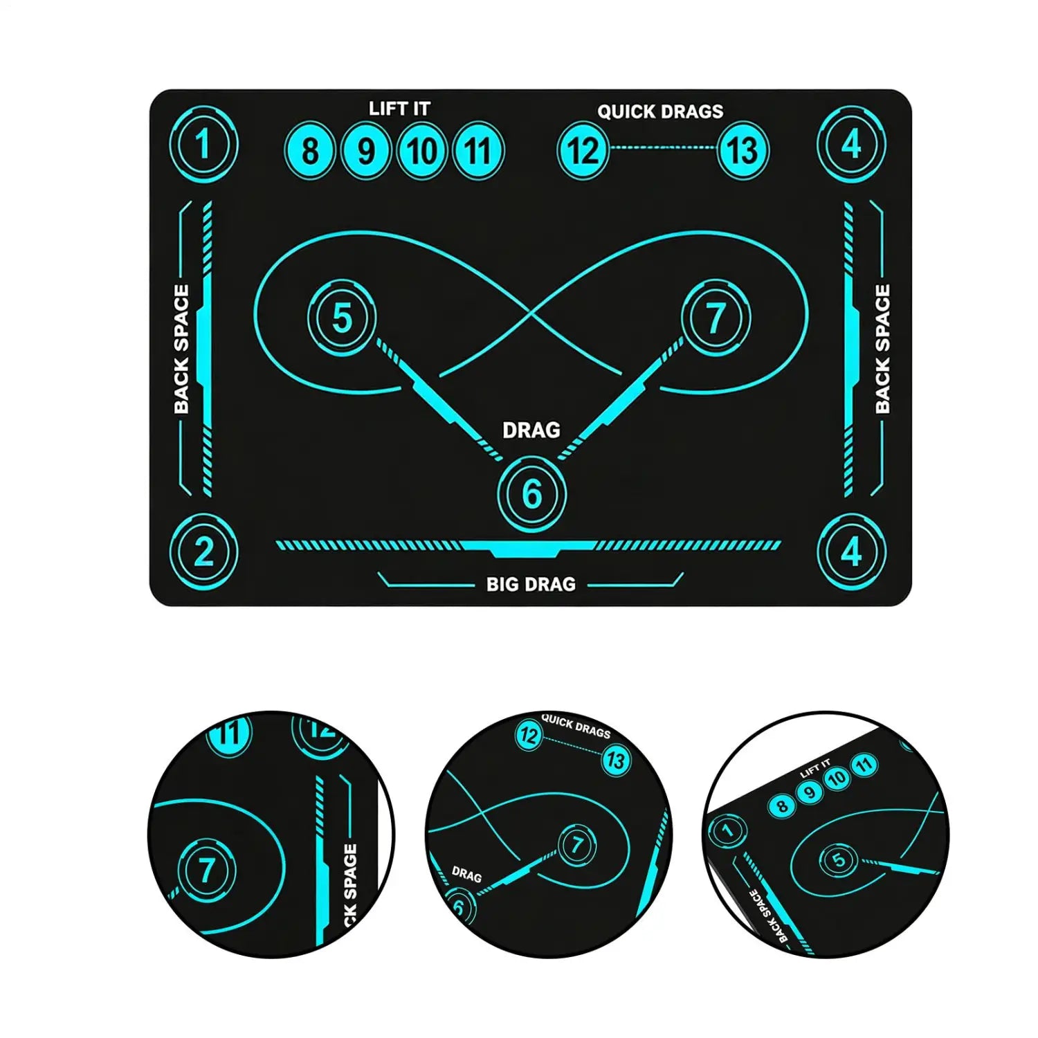 black hockey training mat non slip stickhandling pad with glowing teal circuit patterns and numbered gameplay zones.