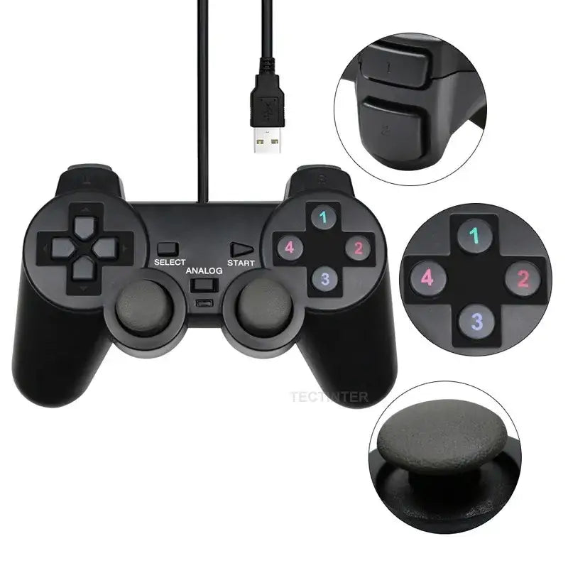 Mando de juego para PC con cable USB de plástico negro, con botones de colores numerados y palancas analógicas, diseñado para admitir juegos de Steam y grandes juegos en 3D para juegos retro.
