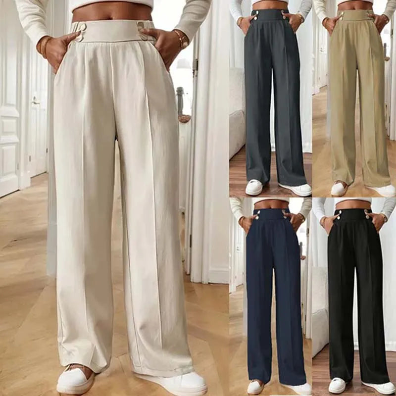 Women's High Waist Wide Leg Pants - 2025 New Flowy Floor-Length Trousers, Minimalist Straight Fit Lounge Pants with Elastic Wais