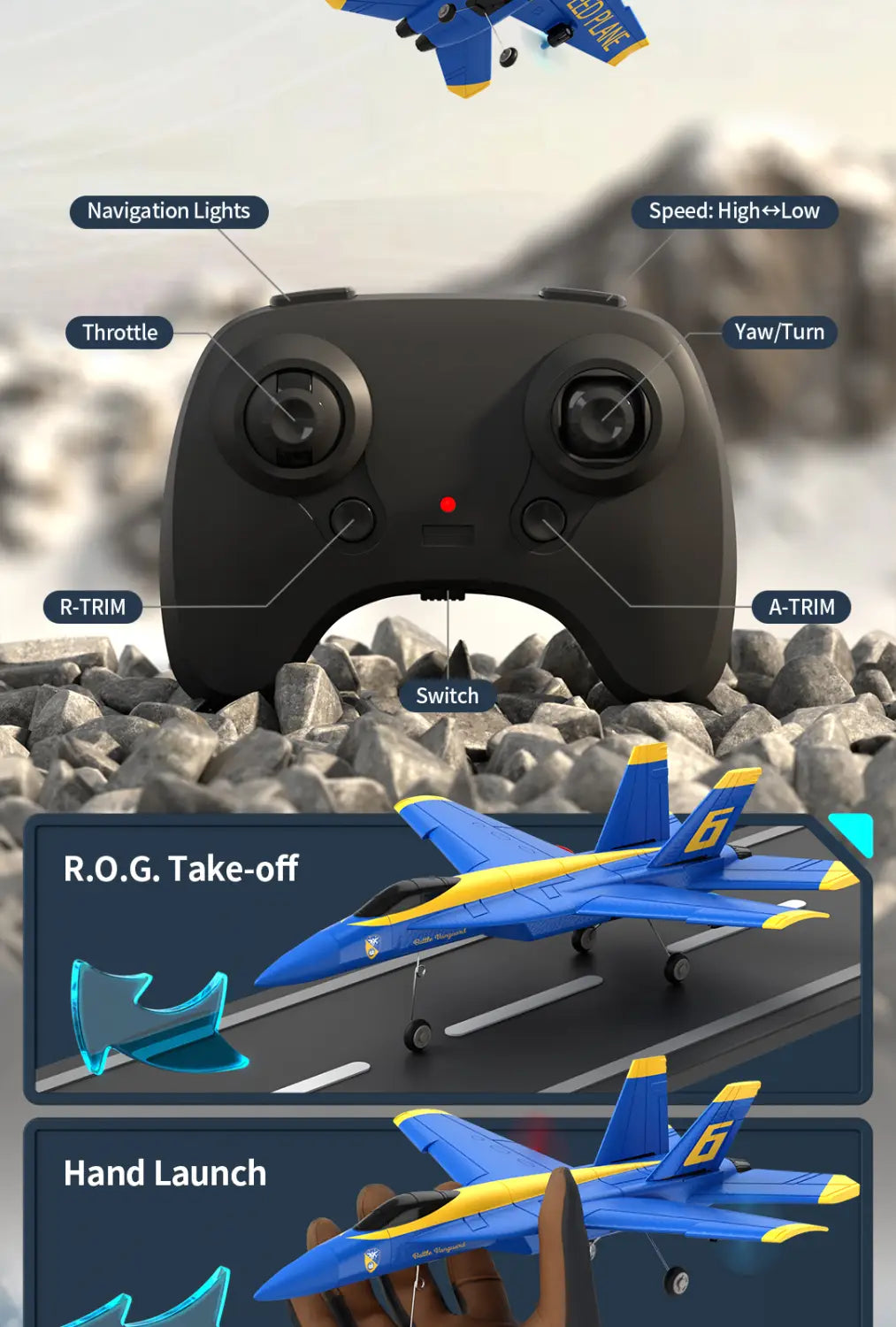 blue and yellow remote control f18 hornet foam glider jet with black controller for outdoor flying