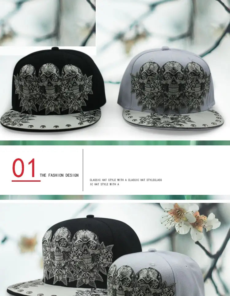 Black and gray snapback hats with intricate sugar skull embroidery featuring floral patterns and metallic studs along the brim.