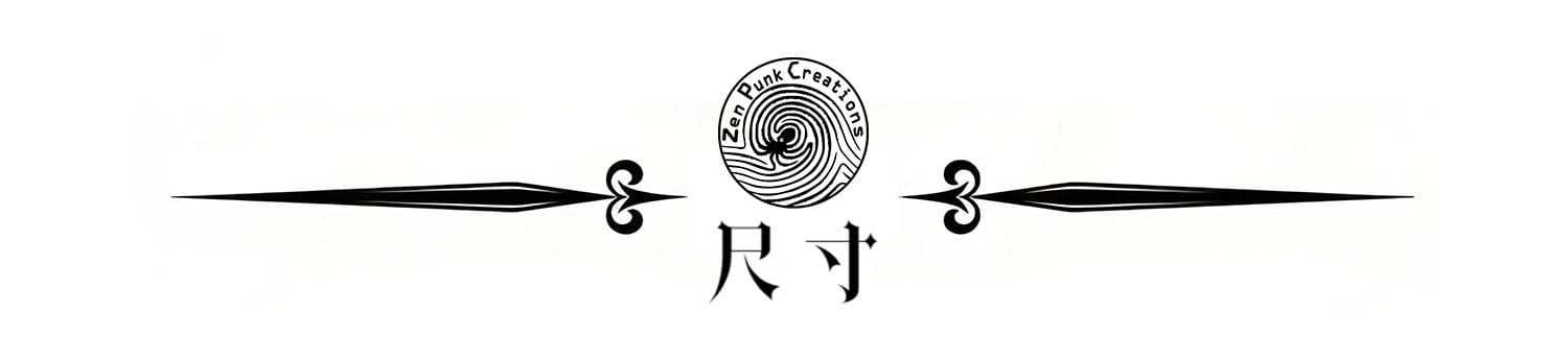 Black ornate zen punk creations logo featuring Chinese characters for size on steampunk top hat with goggles and gears.