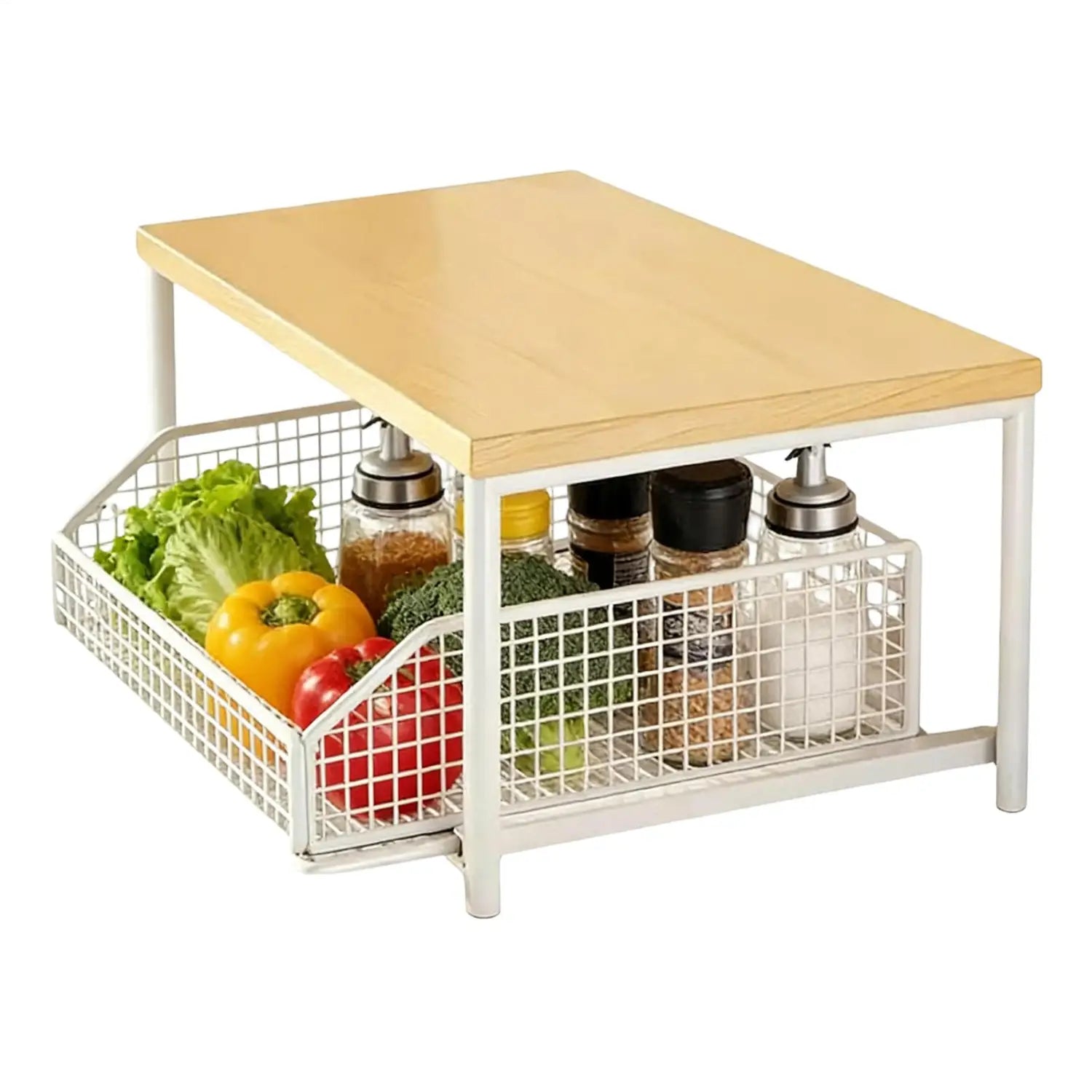 Étagère de rangement de cuisine en treillis métallique blanc avec plateau en bois clair et étagère coulissante pour y placer des légumes et des bocaux d’épices, pour un rangement de cuisine sous plan de travail.