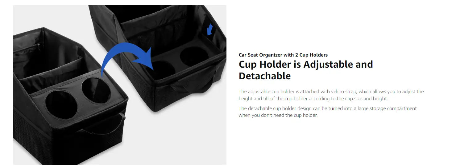 Bolsa organizadora plegable para el maletero del coche, color negro, con dos portavasos desmontables ajustables, mostrada desde el frente.