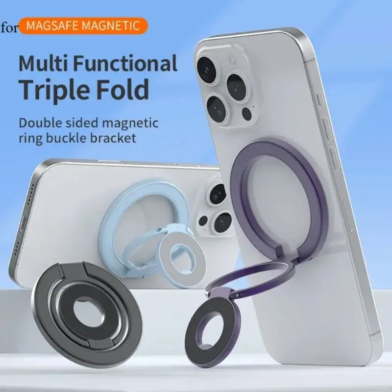 Anillo portateléfonos magnético de doble cara plateado y morado para Magsafe, con mecanismo de triple pliegue visto desde el frente.
