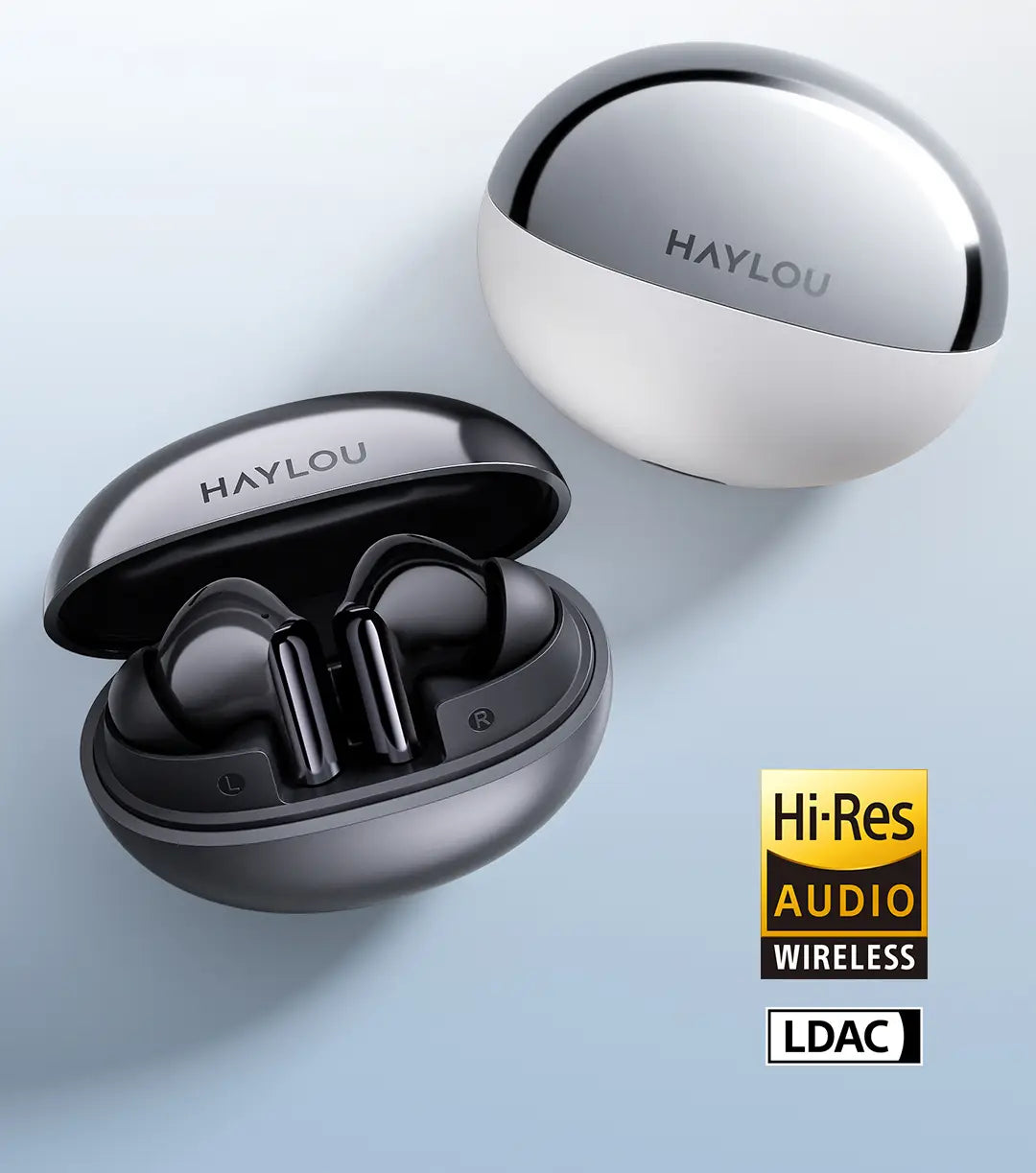 Écouteurs sans fil Haylou FlowBuds N55 noirs avec un étui de charge ovale brillant, portant le nom de la marque en relief sur le couvercle, pour une autonomie prolongée.
