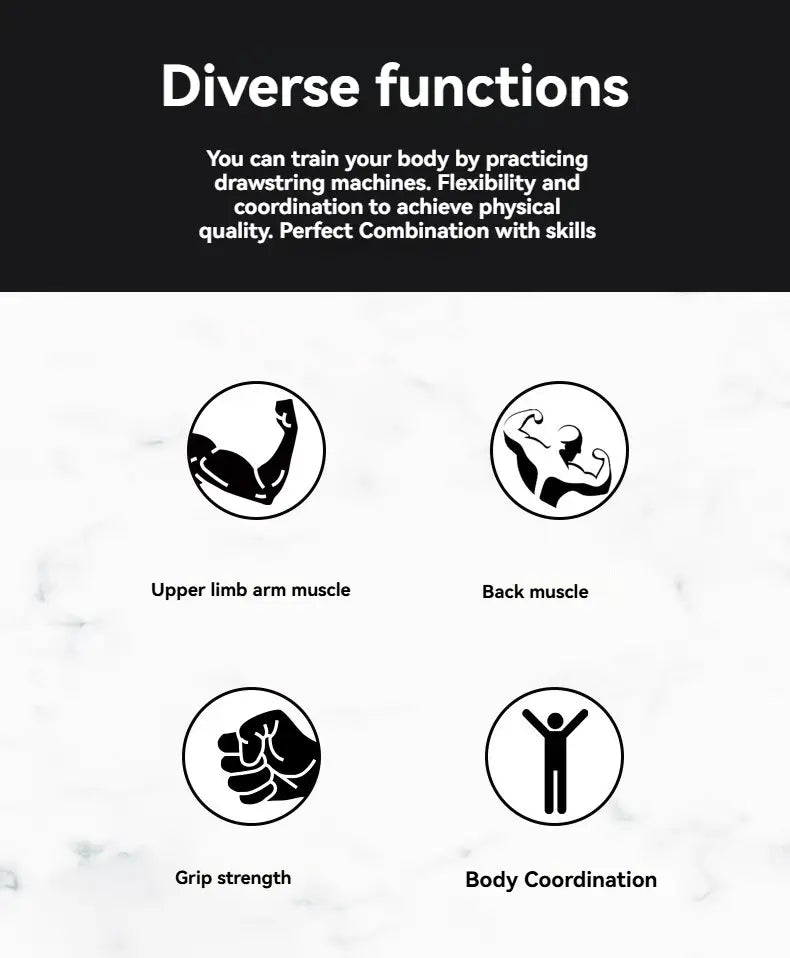 black and white illustrated icons showing upper limb arm muscle back muscle grip strength and body coordination for commercial rope climbing machine with adjustable resistance