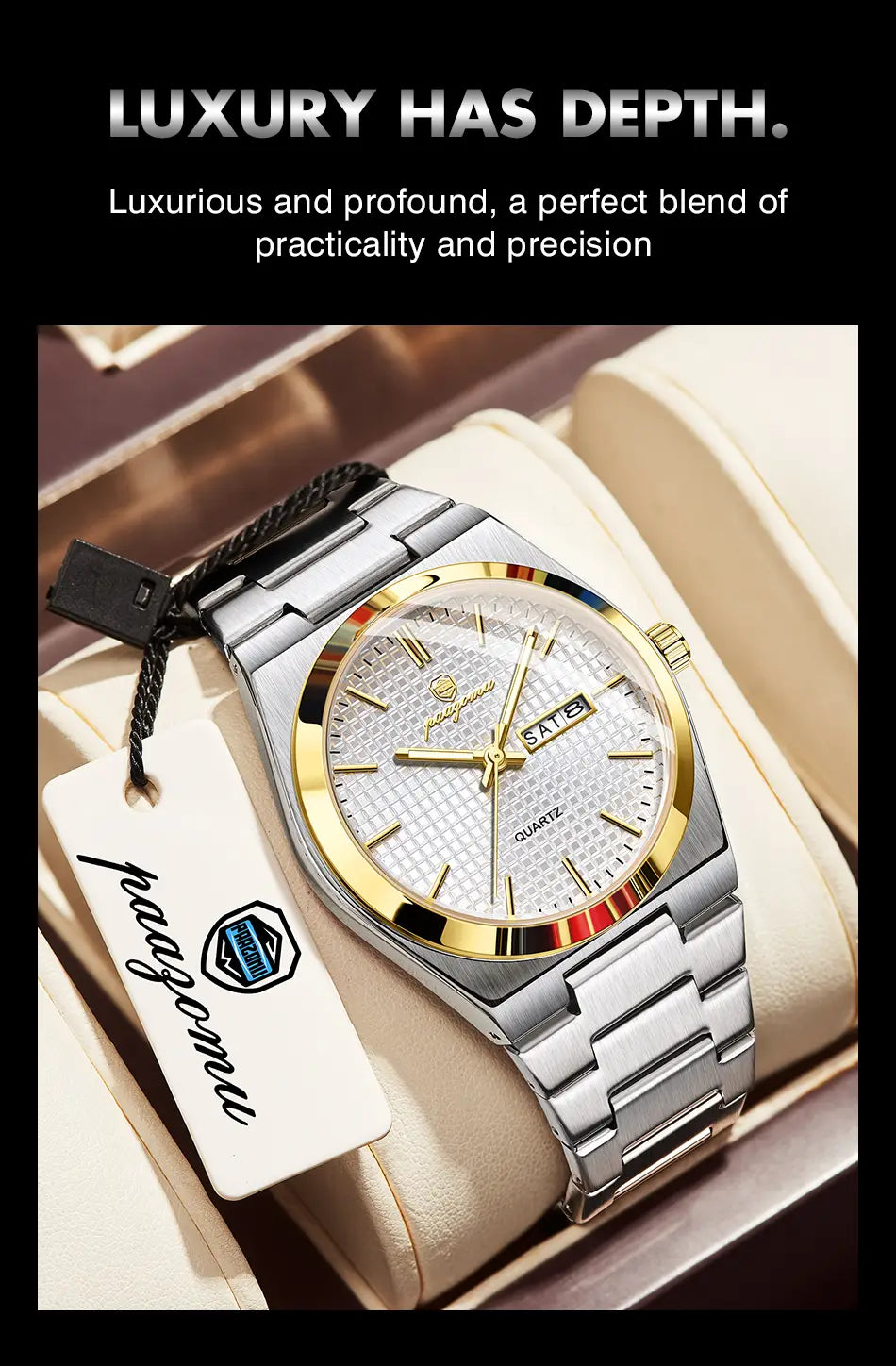 Paazomu luxury chronograph watch featuring a silver and gold-tone stainless steel case with a textured silver dial and date display at the 3 o’clock position with a sleek link bracelet.