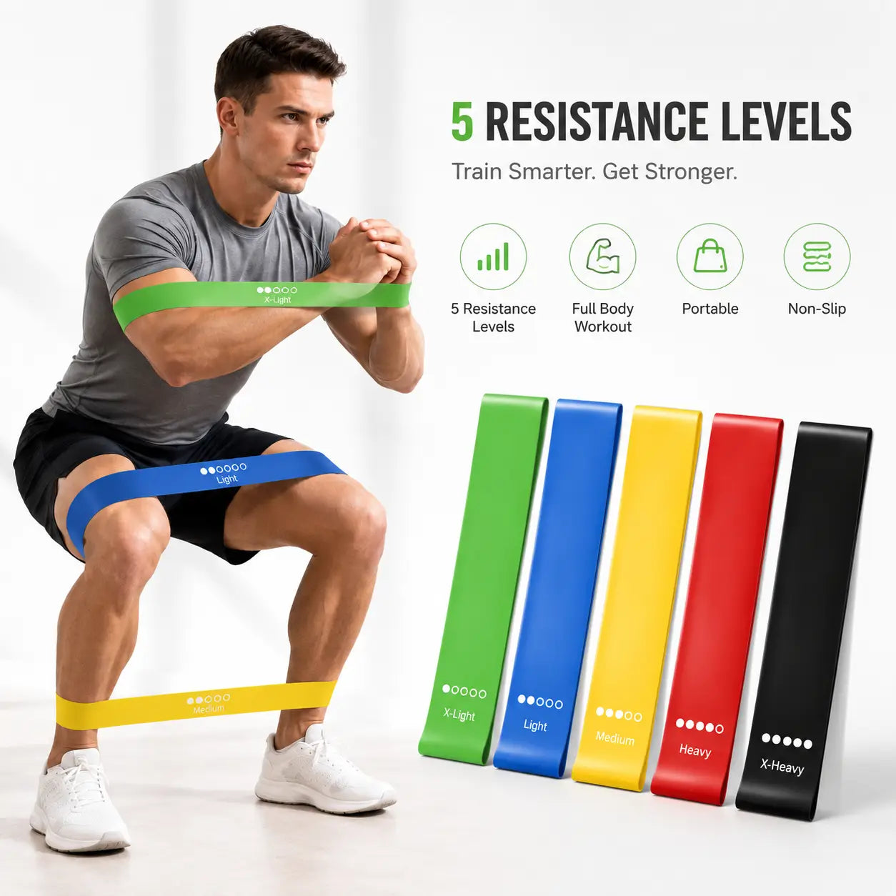 Resistance bands set for home fitness workout featuring five colorful elastic bands in green blue yellow red and black for full-body strength training.