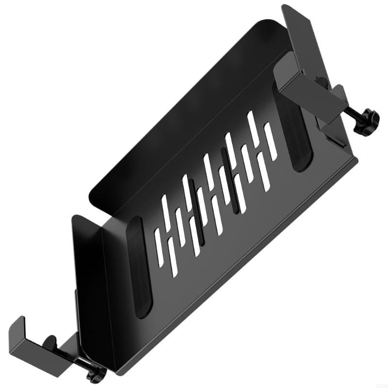 Black metal tablet stand with sleek minimalist design featuring vertical slotted cutouts and adjustable clamps for secure positioning in under desk laptop tray and cable management organizer.