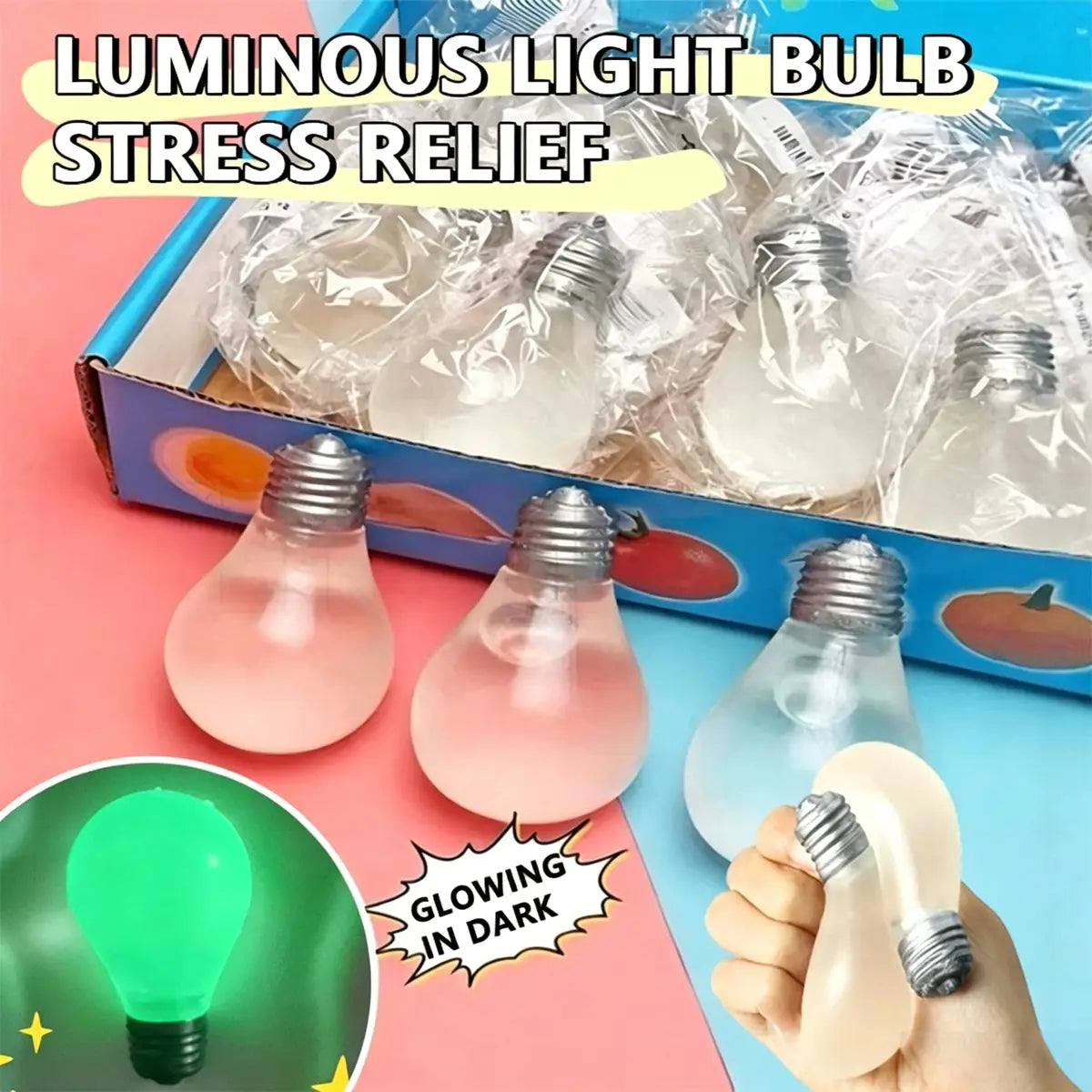 translucent pink and white light bulb squeeze toy sensory stress relievers with metallic screw bases designed for stress relief and sensory stimulation