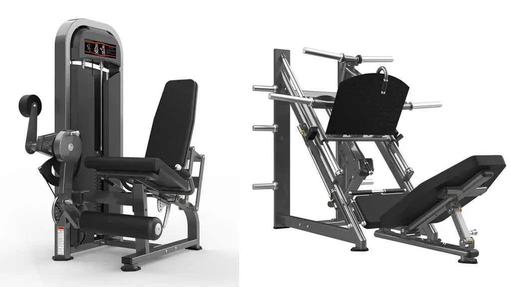 Black and silver leg press machine with adjustable weight plates and padded seating for the 3-station multi-function home gym equipment.