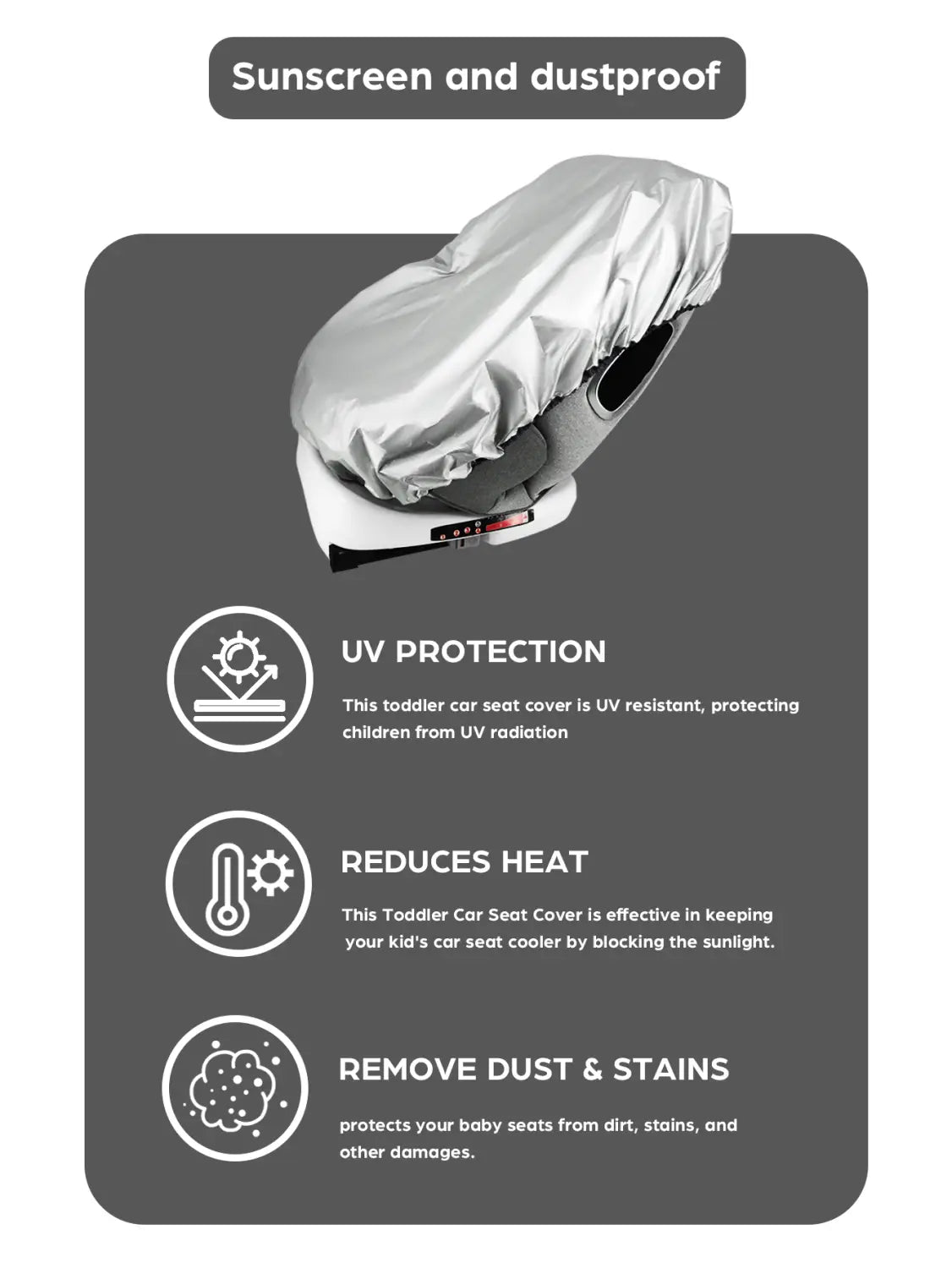 Housse réfléchissante en argent pour siège auto enfant, fabriquée avec un matériau résistant à la crème solaire et anti-poussière, pour une protection UV