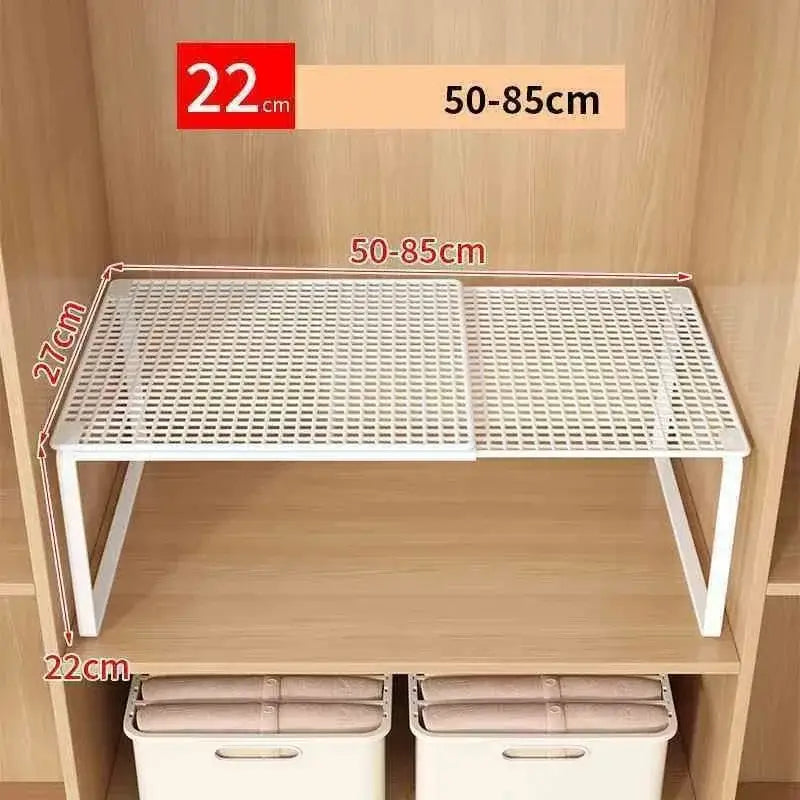 étagère d’armoire télescopique en plastique blanc à mailles, avec hauteur réglable et conception coulissante, utilisée comme séparateur d’armoire extensible pour un rangement organisé