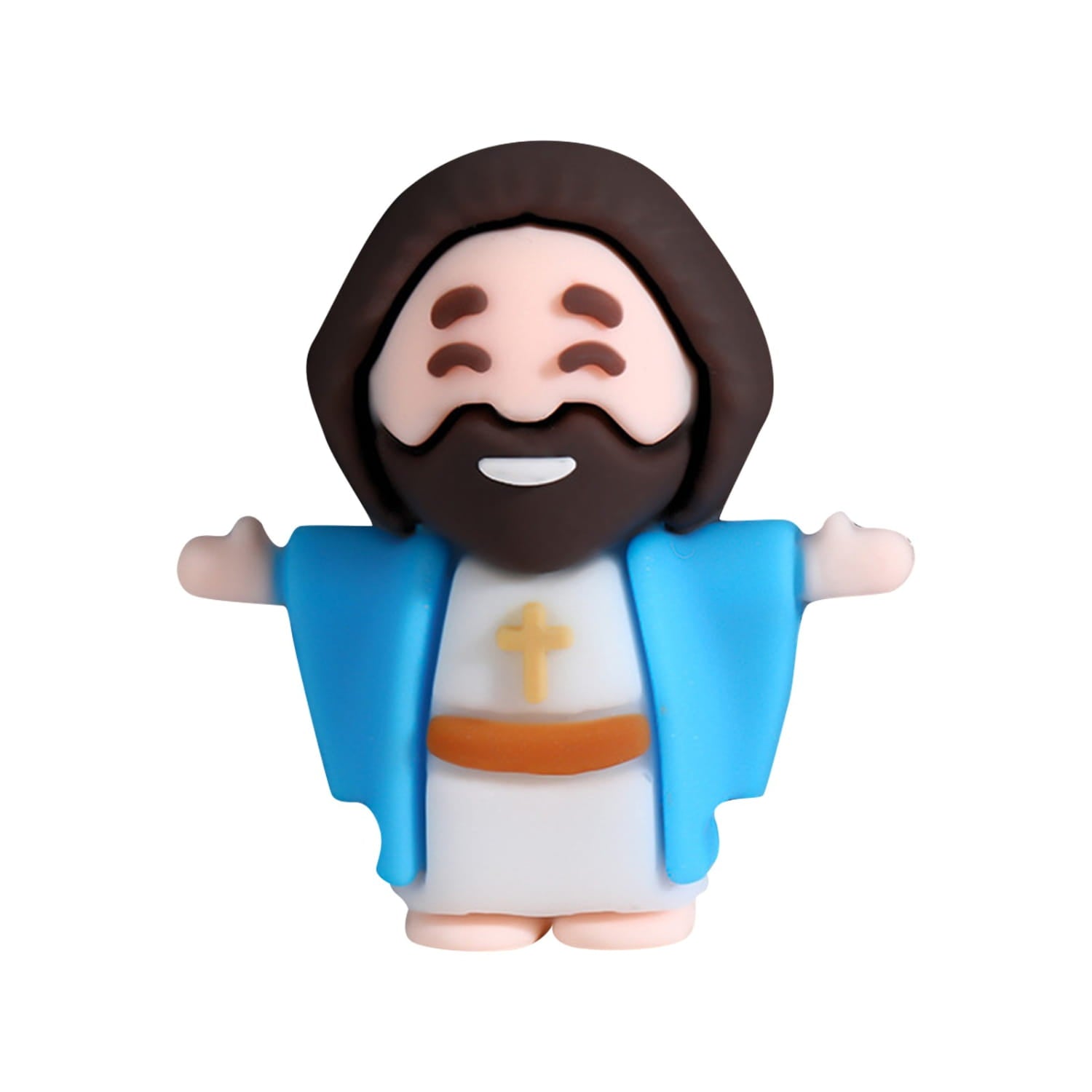 Cute blue and white mini Jesus figurine with brown hair beard and a golden cross on his chest ideal for Easter party favors in a 10 piece set.