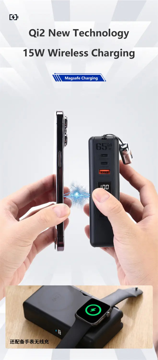 Black rectangular magnetic wireless power bank with 20000mah capacity, multiple usb ports, digital display showing battery percentage, and 65w fast charging capability.