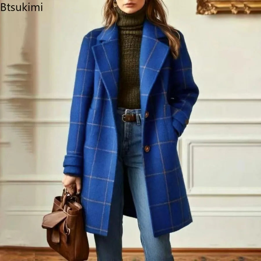Winter Women's Wool Mid Length Coats Jackets Blends Plaid Turn Down Collar Coat Thick Warm Y2k Streetwear Jacket Work Outerwear